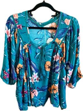 ODDY Teal Floral Tie-Neck Tunic